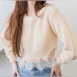 Mable Lace Trim Cream Knit Sweater - Size S